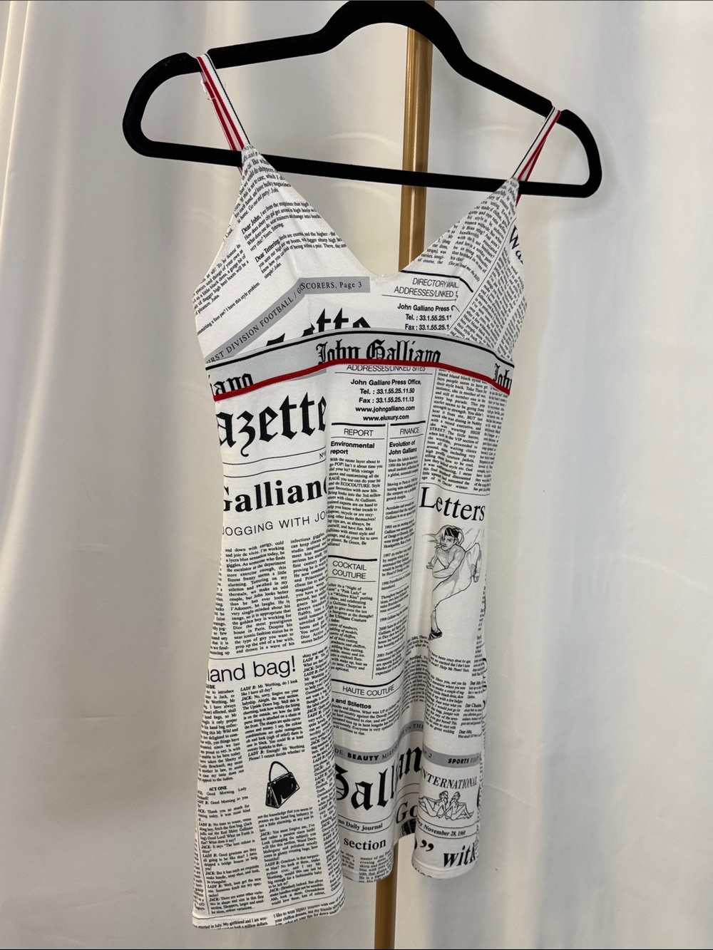 John Galliano White Newspaper-Print Mini Slip Dress with Red-Trim Straps